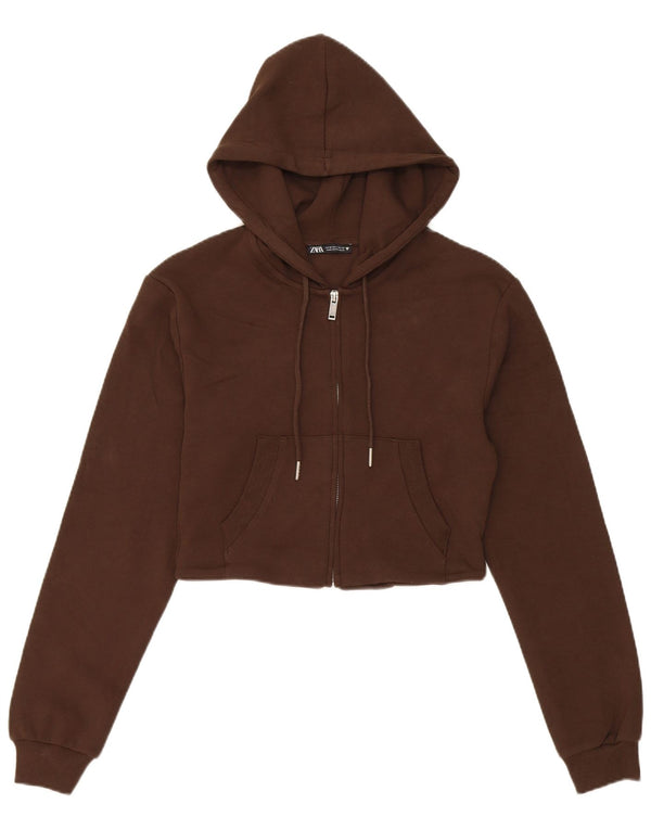 Zara Pull à capuche zippé court pour femme UK 12 en coton marron moyen