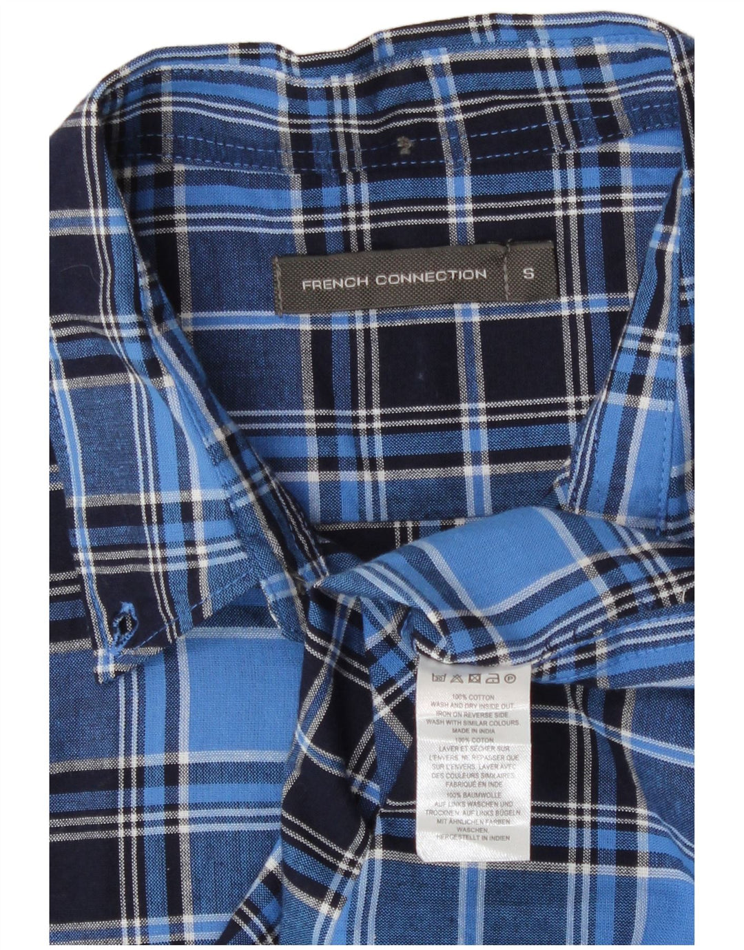 French Connection Chemise à Manches Courtes Homme Petit Carreau Bleu Coton
