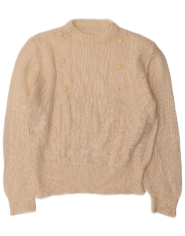 vintage Femme Crew Neck Jumper Pull UK 12 Moyen Off White