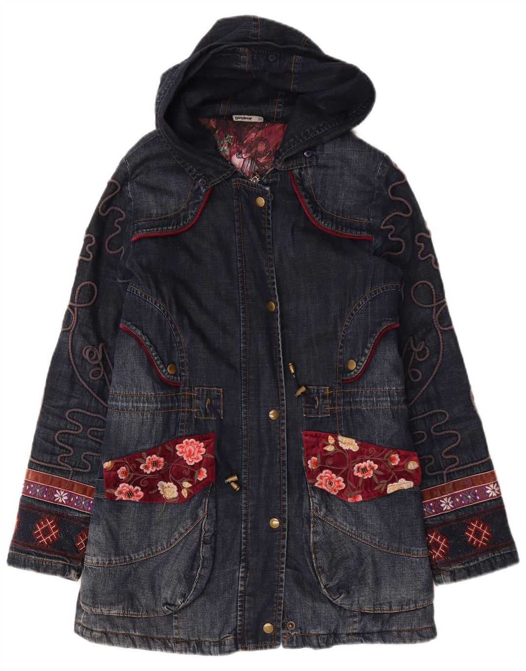 Desigual Manteau en denim graphique surdimensionné pour femme EU 36 Petit bleu marine floral