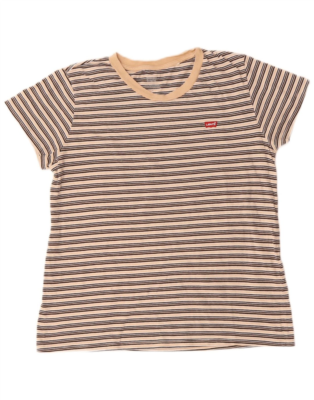 LEVI'S T-Shirt Femme Top UK 16 Large Beige Rayé Coton