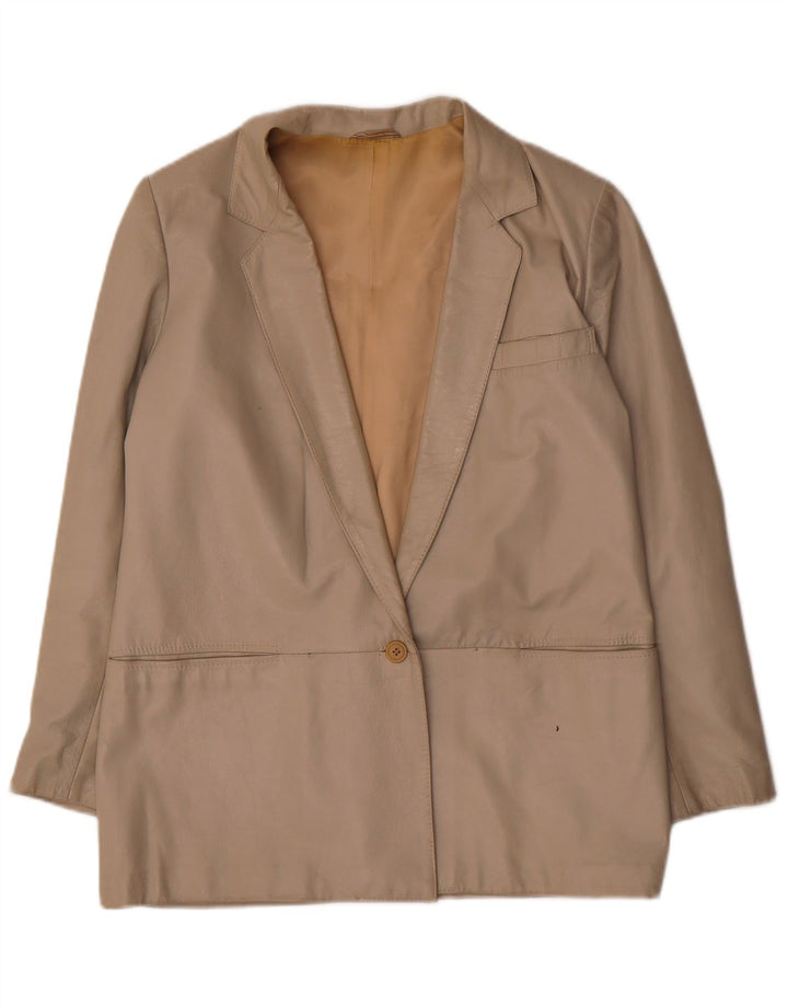 vintage Femme 1 Bouton Veste Blazer En Cuir IT 42 Cuir Beige Moyen