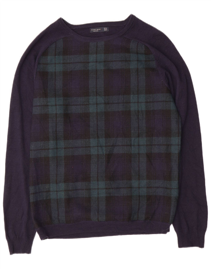 ZARA Pull col bateau pour homme XL Bleu marine à carreaux