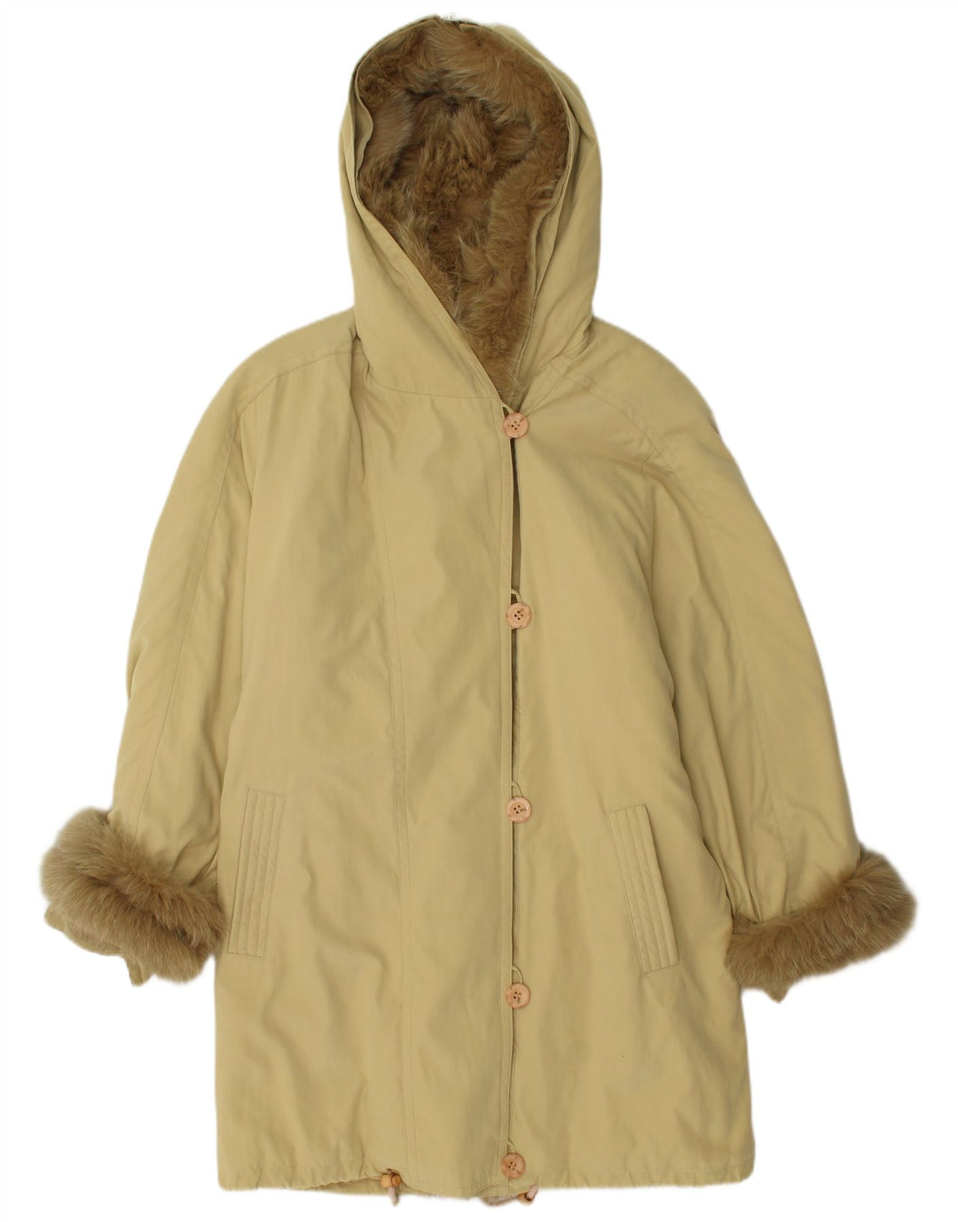 VINTAGE Manteau à capuche femme UK 14 Polyester Beige Moyen