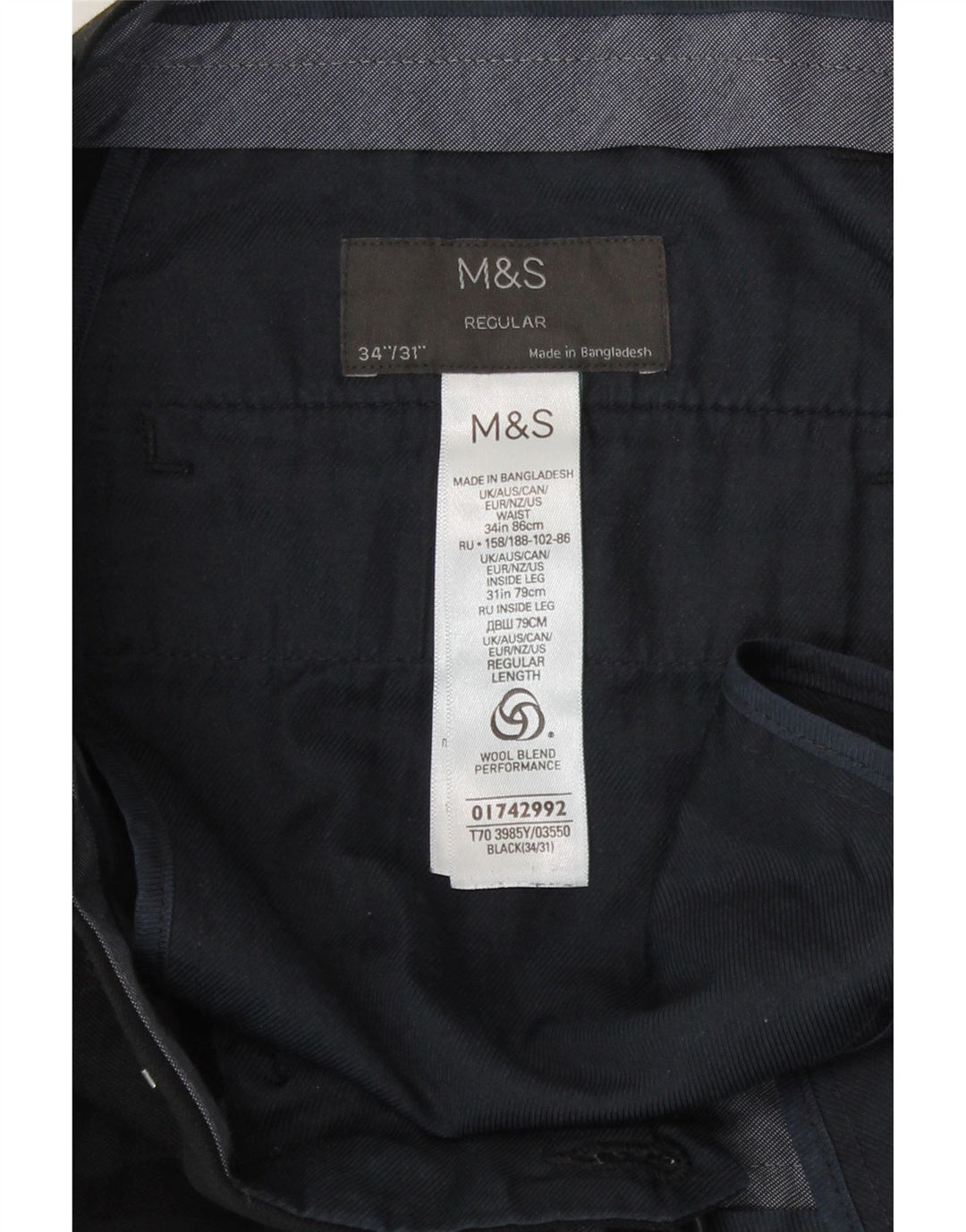 Marks & Spencer Pantalon décontracté coupe régulière pour homme W34 L31 Noir Polyester