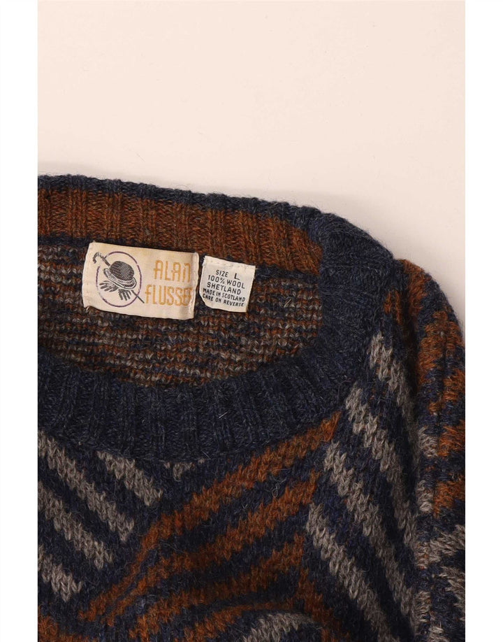 vintage Mens Crew Neck Jumper Pull Grande laine Chevron multicolore