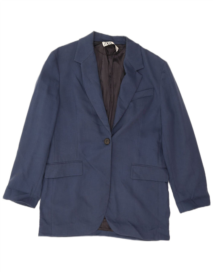 Zara Femme 1 Bouton Blazer Veste UK 14 Moyen Bleu Marine Coton