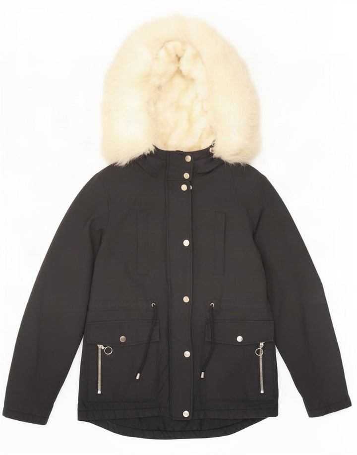 Topshop Parka à capuche pour femme UK 8 Small Noir Polyester