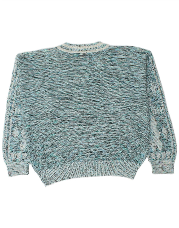 vintage Mens V-Col Jumper Sweater IT 52 Grand Bleu Géométrique Coton