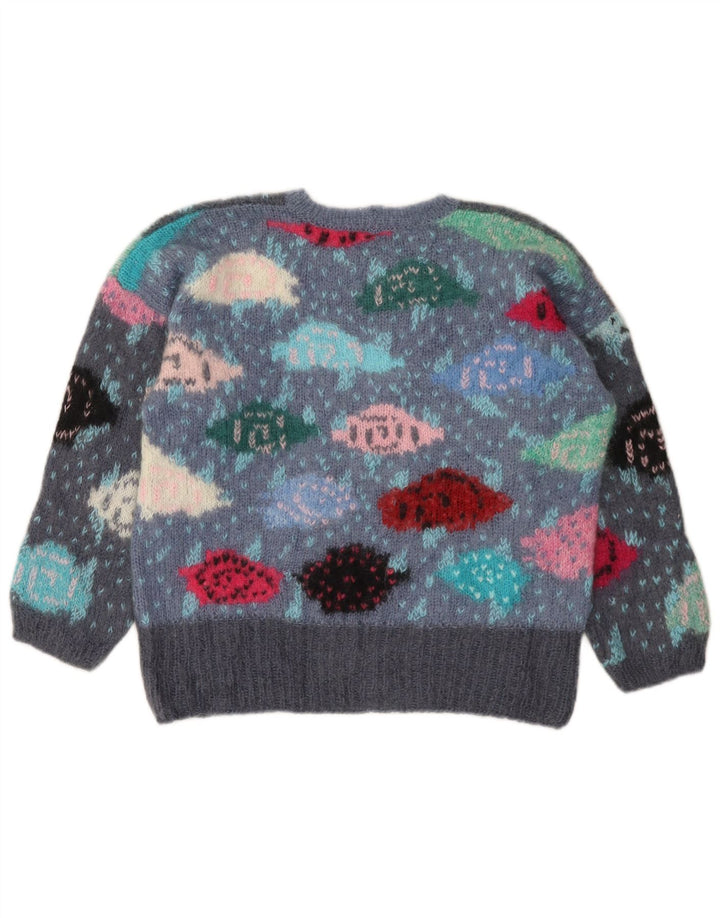 VINTAGE Pull ras du cou fille 13-14 ans Gris Colorblock