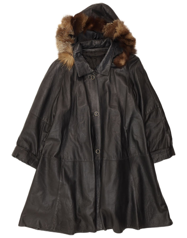 VINTAGE Manteau en cuir coupe ample à capuche pour femme UK 14 Cuir noir moyen