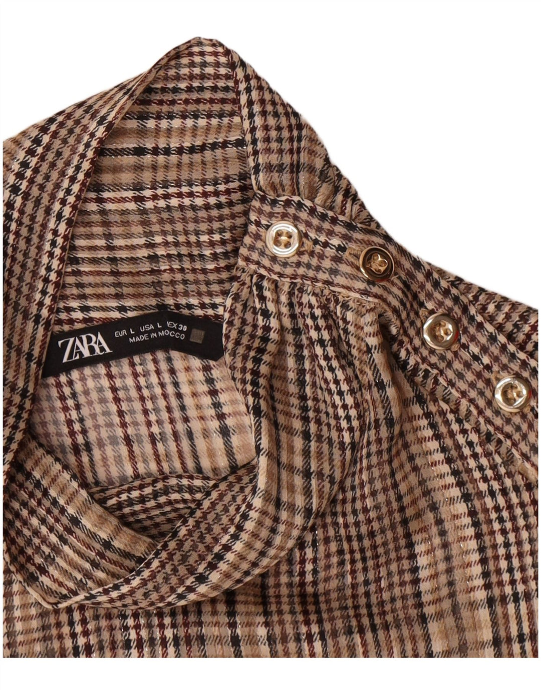 Zara Pull à manches longues pour femme - Chemisier UK 16 - Grand carreaux marron