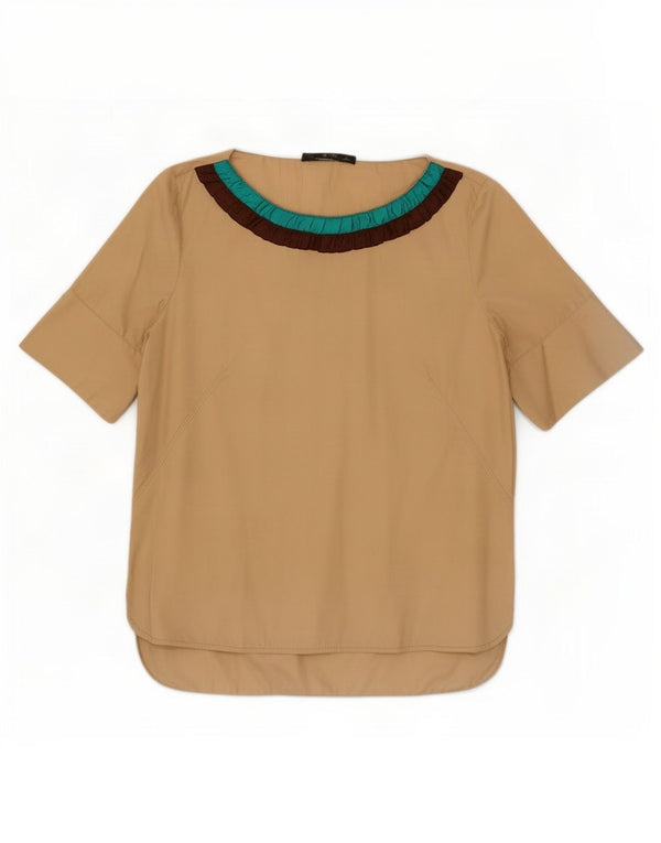 Zara Womens Blouse Top UK 16 Large Beige Colorblock Coton