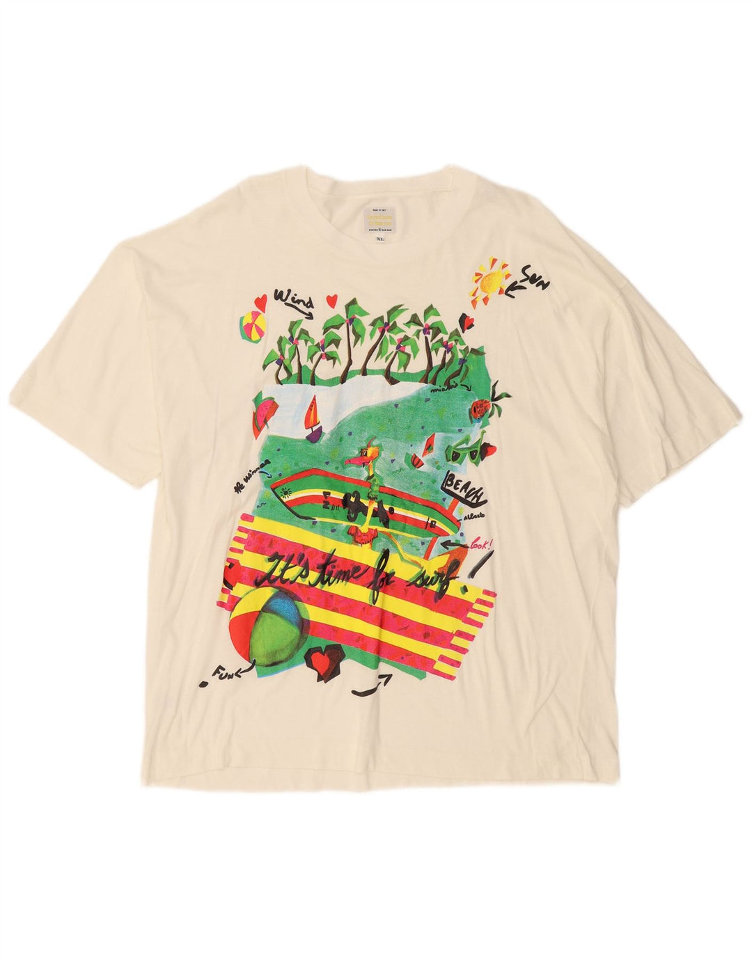 BENETTON T-Shirt Graphique Top XL Homme Blanc Cassé