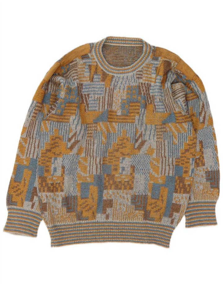 vintage Mens Crew Neck Jumper Pull Grand Multicolore Géométrique