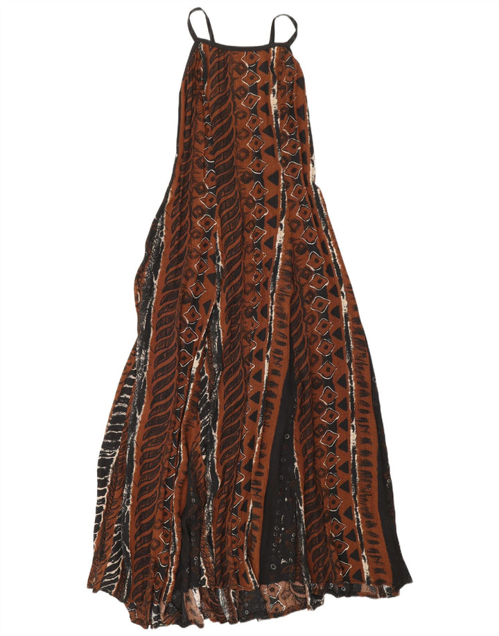 vintage Femme Robe Maxi Sans Manches UK 12 Viscose Géométrique Brun Moyen