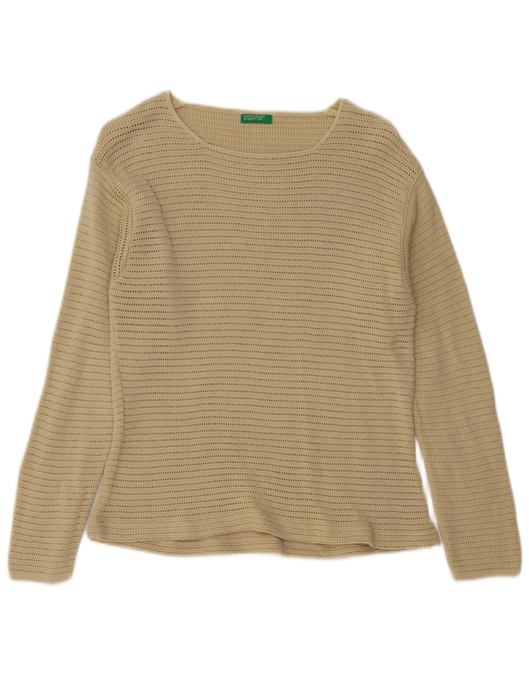BENETTON Pull à col bateau en crochet pour femme UK 12 en coton beige moyen