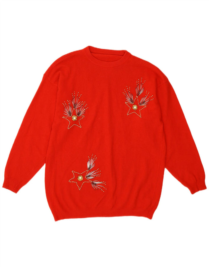 vintage Femmes Motif Abstrait Crew Neck Jumper Pull UK 14 Rouge Moyen