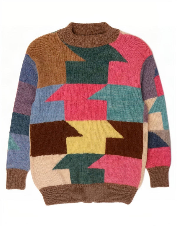 vintage Womens Graphic Cardigan Sweater UK 16 Grand Multicolore Géométrique