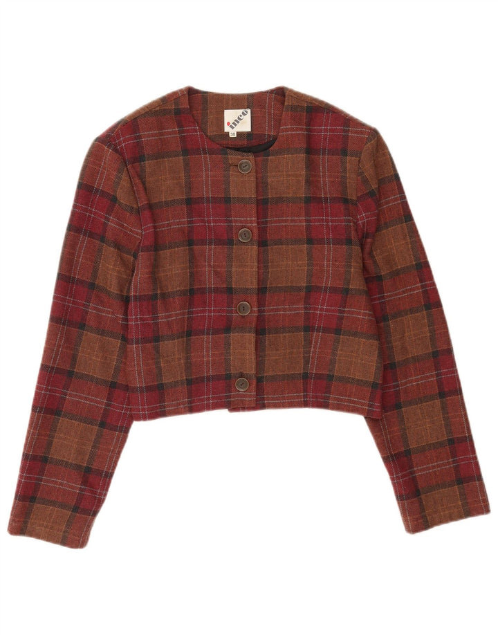 vintage Femmes Crop 4 Bouton Blazer Veste EU 38 Medium Brown Check