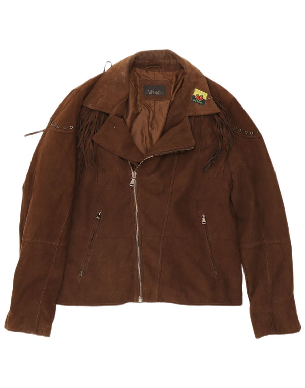 Zara Veste de motard en faux suède pour homme UK 42 XL Marron Polyester