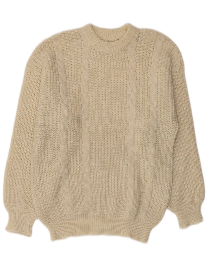 vintage Womens Crew Neck Jumper Pull UK 16 Grande laine blanc cassé