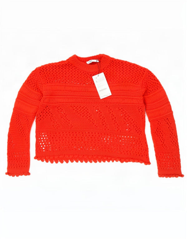 Zara Womens Crochet Crew Neck Jumper Sweater UK 10 Petit Acrylique Rouge