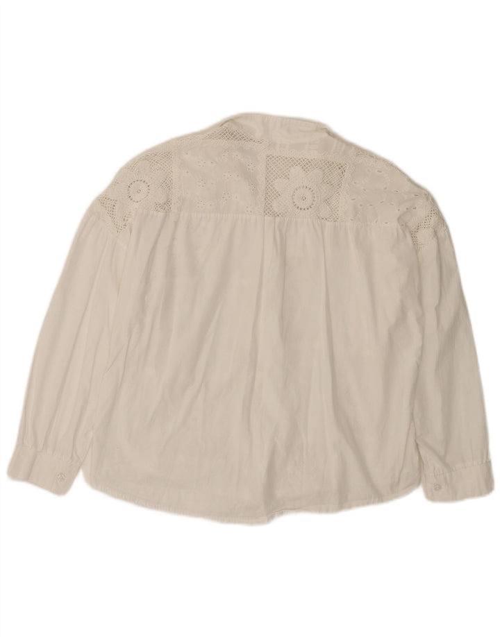 VINTAGE Femme 3/4 Manches Chemise Blouse UK 14 Moyen Blanc Floral Coton