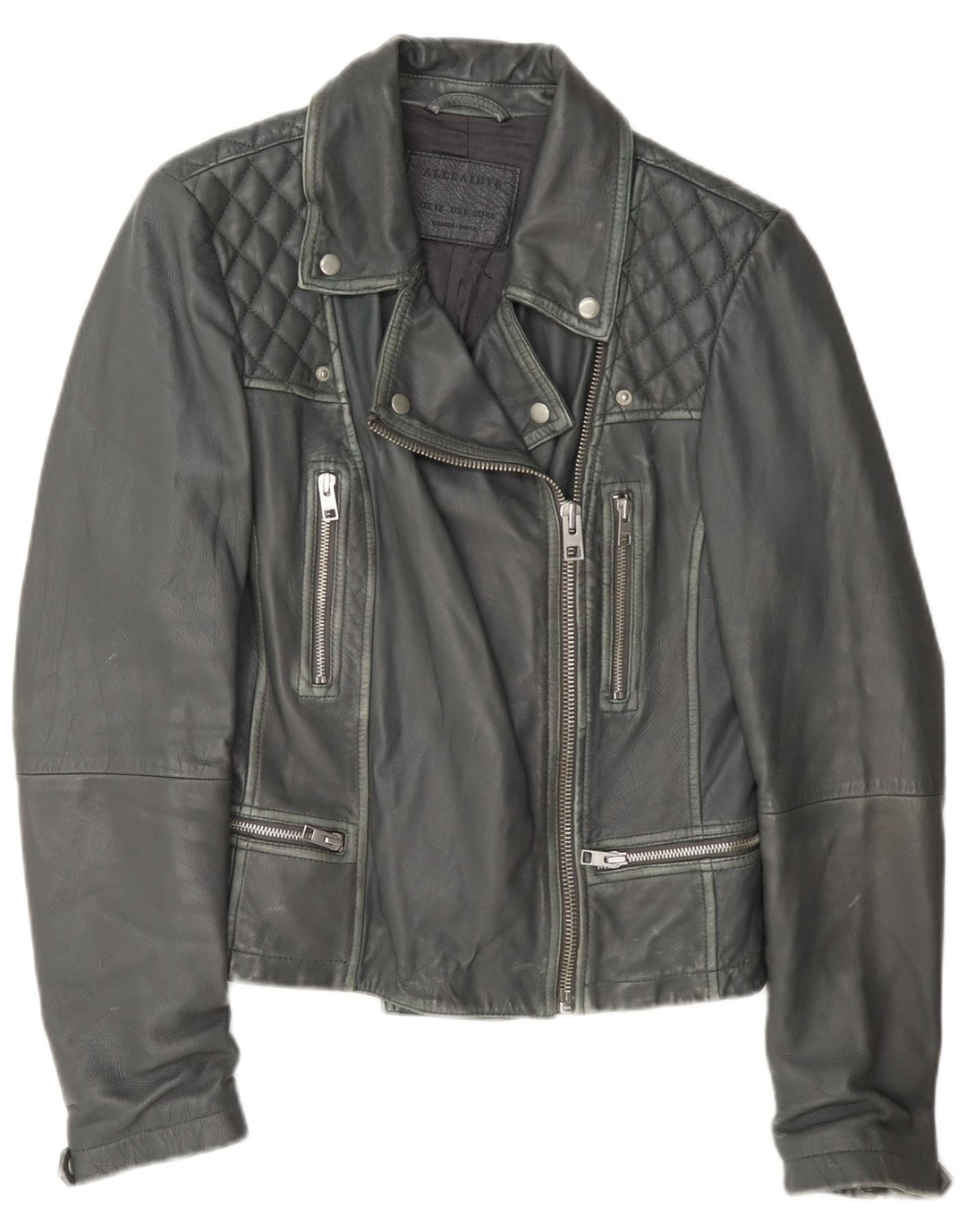 All Saints Veste de motard en cuir pour femme UK 12 Gris moyen