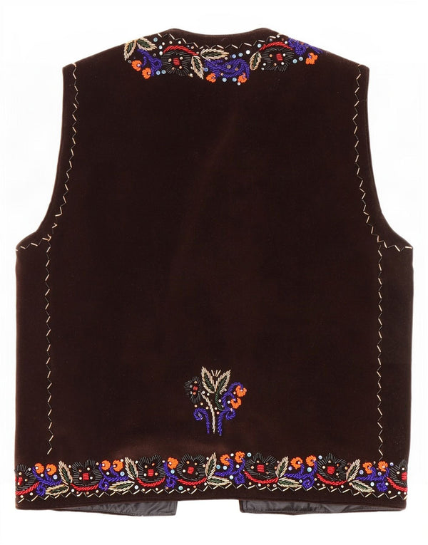 vintage Womens Velvet OPEN Gilet UK 14 Grand Brun Floral