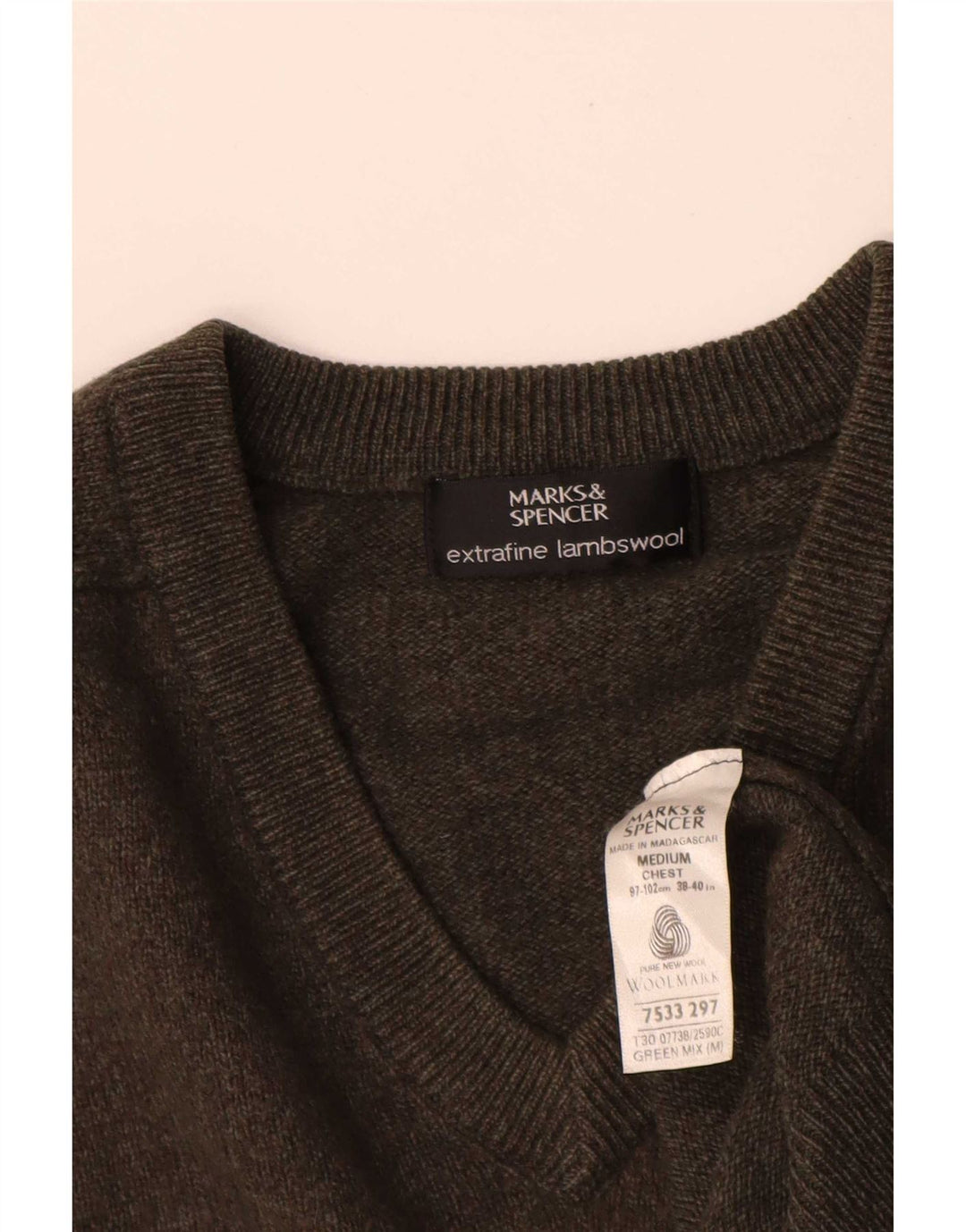 Marks & Spencer Pull Col V Homme Vert Moyen Laine d'Agneau