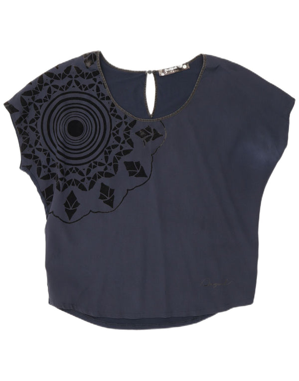 Desigual Womens Graphic Blouse Top UK 16 Large Bleu Marine Géométrique