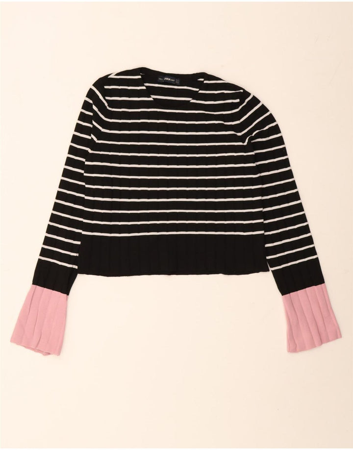 Zara Femme Crop Top Manches Longues UK 10 Petit Noir Rayé Polyamide