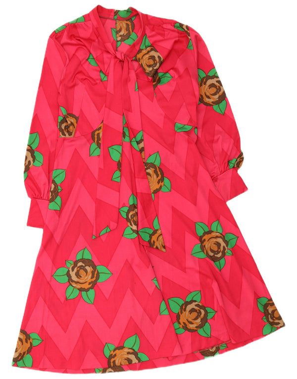 vintage Femmes Manches Longues Front Tie A-Line Robe UK 12 Moyen Rose Floral
