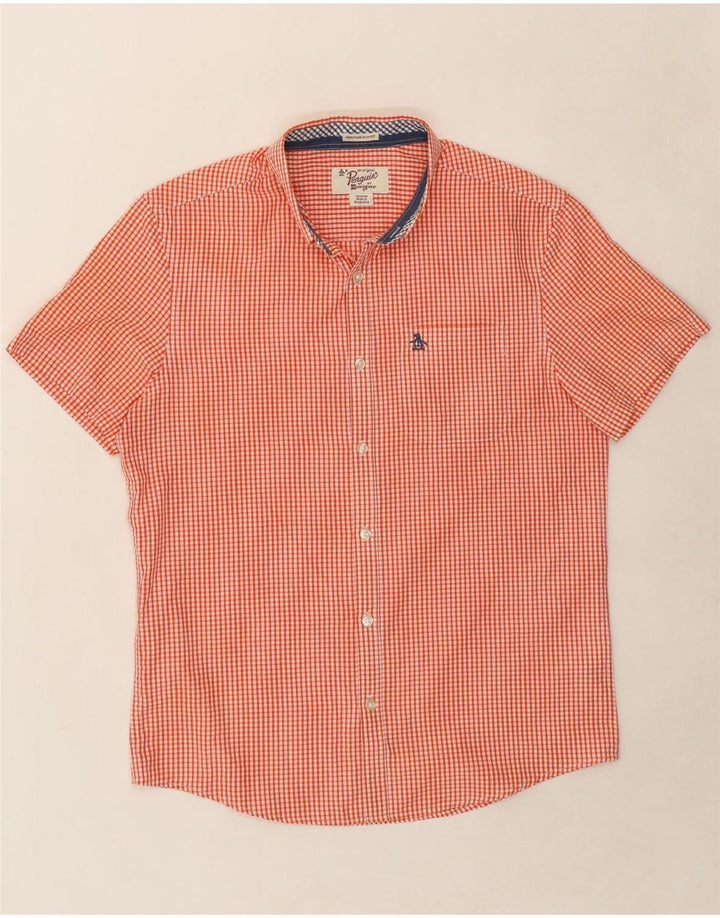 PENGUIN Mens Heritage Slim Fit Short Sleeve Shirt Medium Red Gingham Vintage Penguin and Second-Hand Penguin from Messina Hembry 