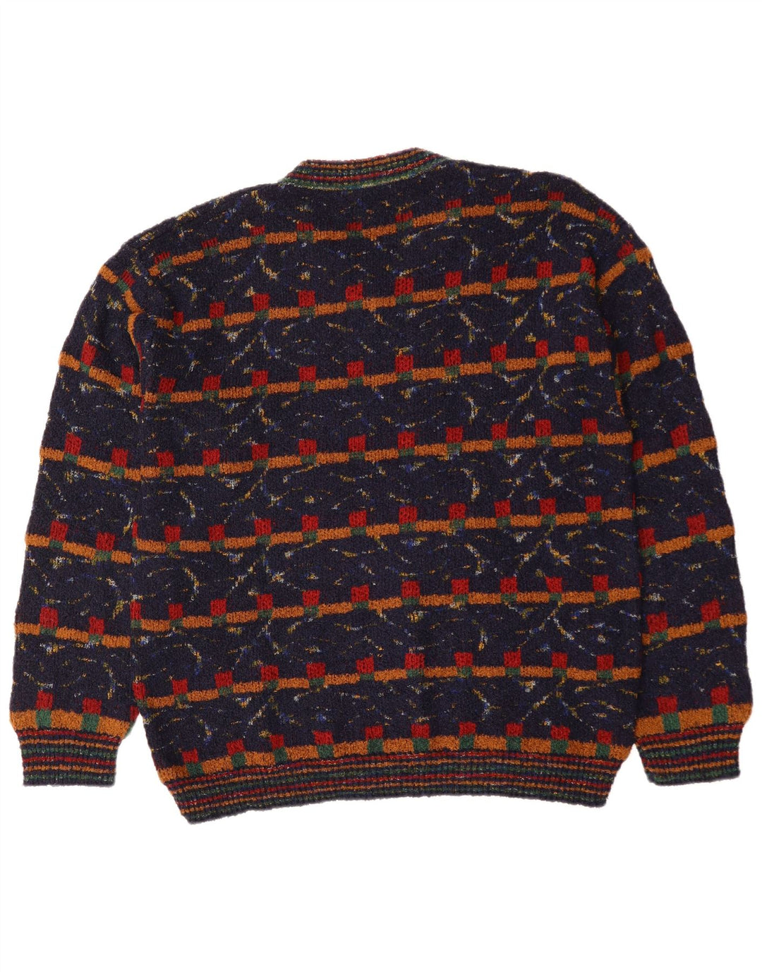 VINTAGE Homme Col V Pull XL Bleu Marine Géométrique Laine