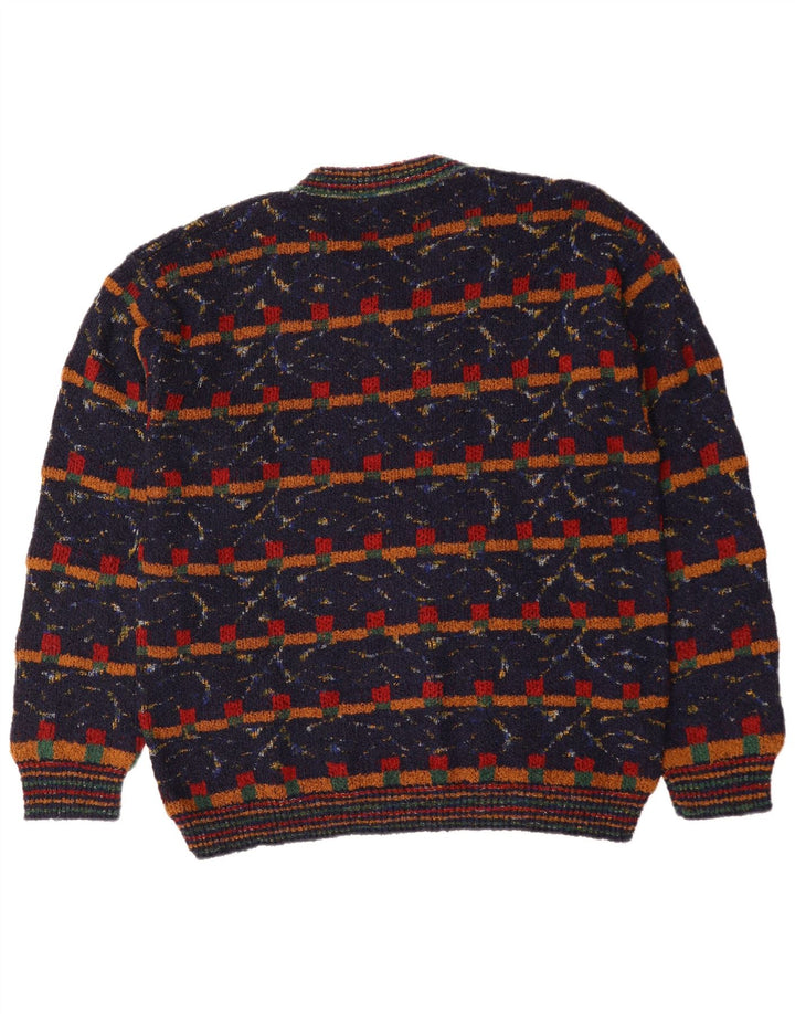 VINTAGE Homme Col V Pull XL Bleu Marine Géométrique Laine