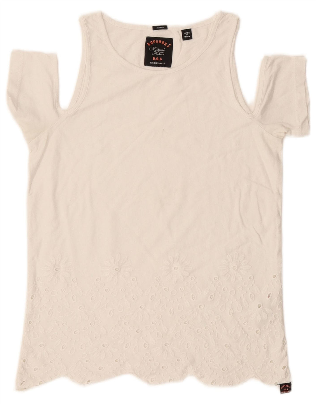Superdry Femme Regular Fit T-Shirt Top UK 6 XS Blanc Cassé Coton