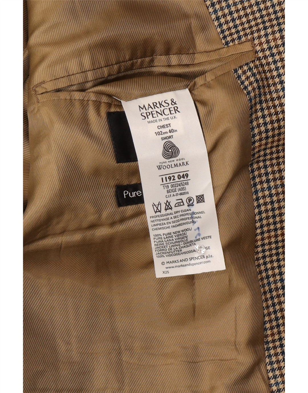 Marks & Spencer Veste blazer à 2 boutons pour homme UK 40 en laine à carreaux beige moyen