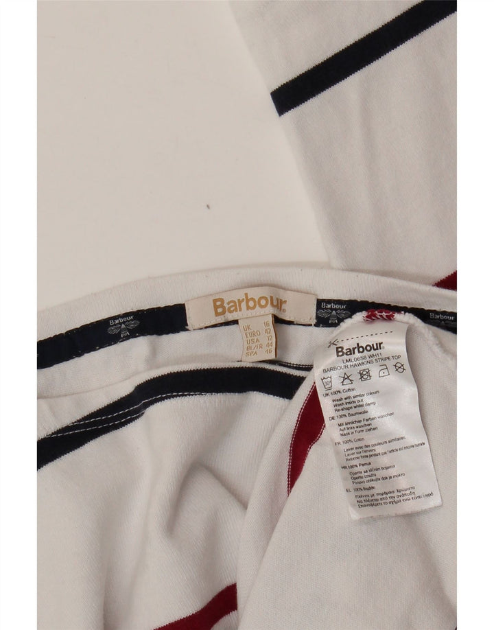BARBOUR Haut Femme Manches Longues UK 16 Grand Coton Rayé Blanc