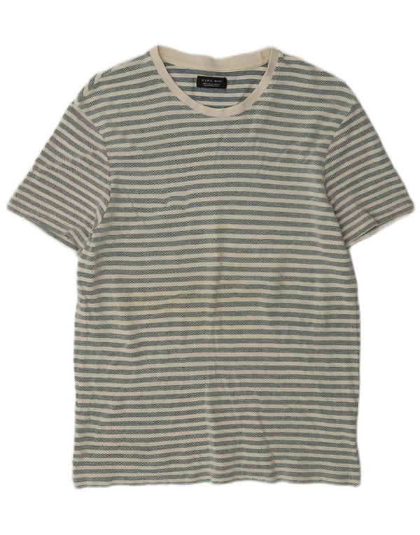 Zara Homme T-Shirt Top Large Gris Rayé Coton