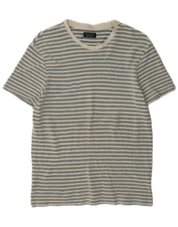 Zara Homme T-Shirt Top Large Gris Rayé Coton