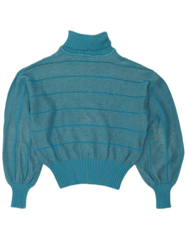 vintage Womens Crop Roll Neck Jumper Pull UK 16 Grand Bleu Rayé