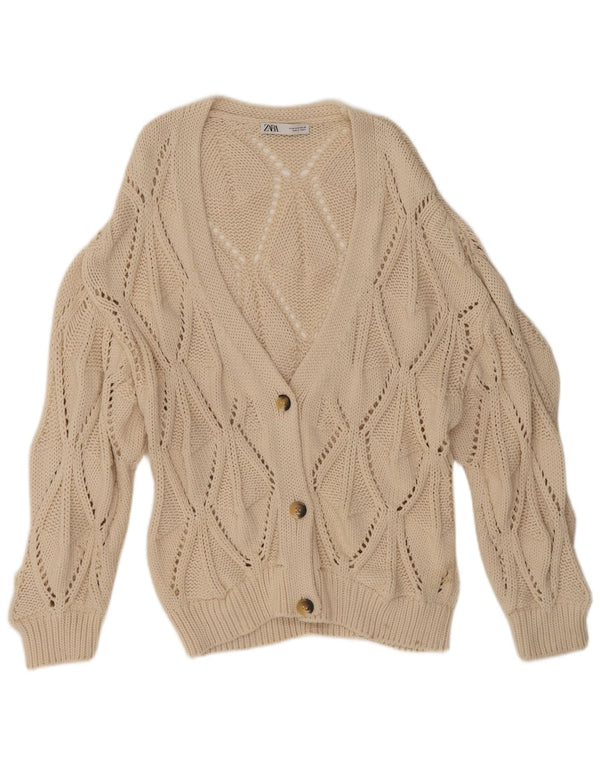 Zara Cardigan Femme Pull UK 14 Coton Beige Moyen