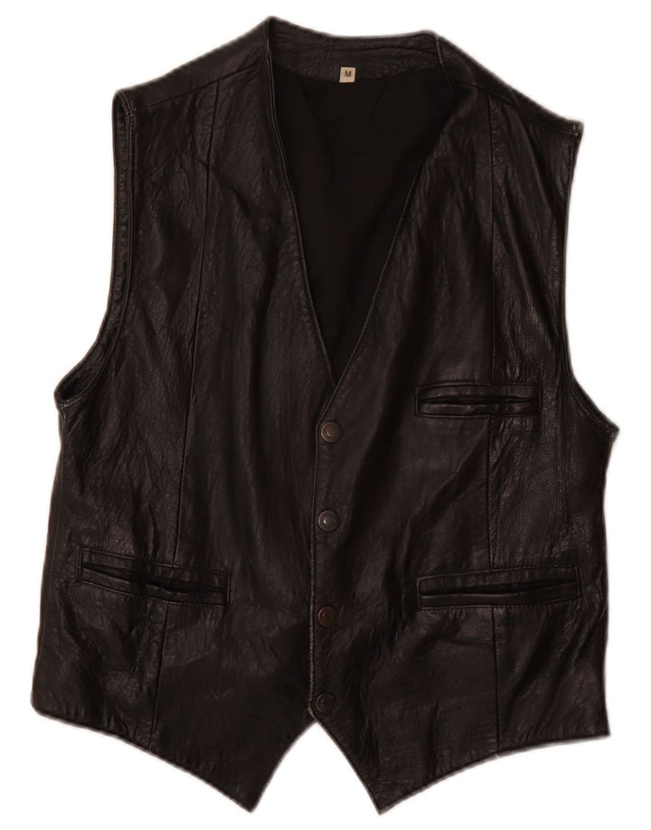 VINTAGE Mens Leather Waistcoat Medium Black Leather