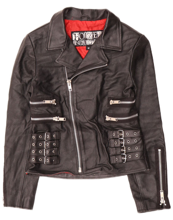 VINTAGE Veste motard en cuir femme UK 12 Cuir noir moyen