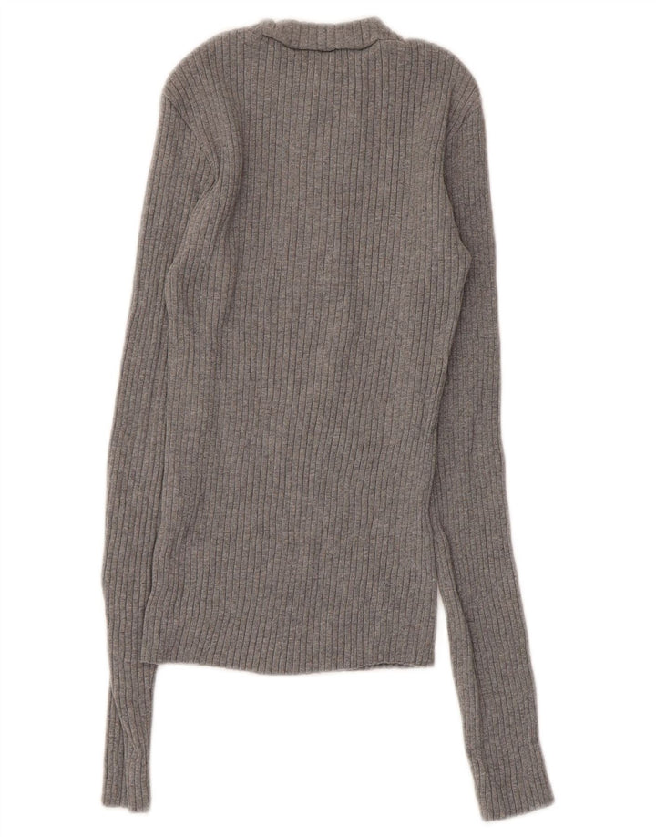 Zara Femme Pull Col Boutonné UK 8 Petit Coton Gris