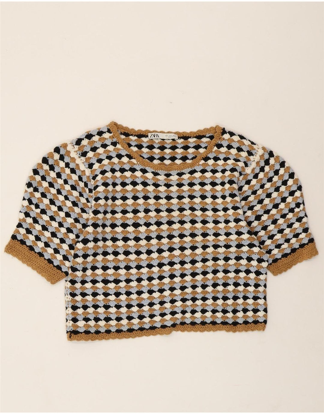 ZARA Pull court à col bateau pour femme UK 14 Large Multicolore