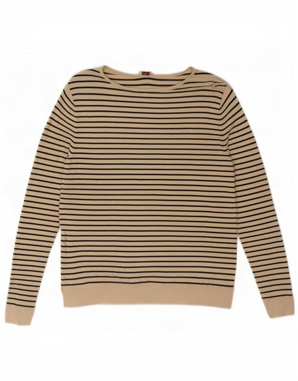 Zara Femme Pull Col Bateau UK 10 Petit Beige Rayé Nautique