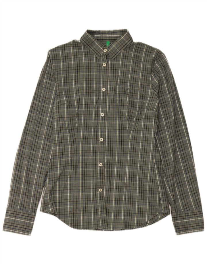 Benetton Chemise Femme UK 12 Medium Kaki Check Coton